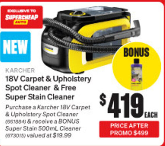 KARCHER 18V Carpet & Upholstery Spot Cleaner & Free Super Stain Cleaner
