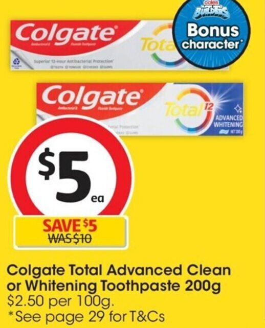 Colgate Total Advanced Clean or Whitening Toothpaste 200g offer at Coles