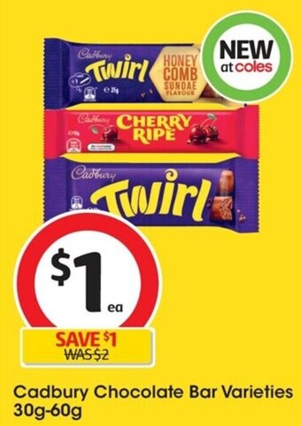 Coles Cadbury Chocolate Bar Varieties 30g-60g offer