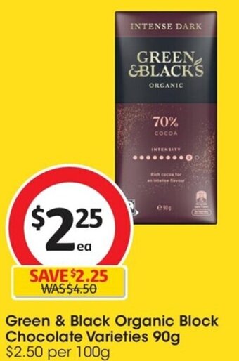 Coles Green & Black Organic Block Chocolate Varieties 90g offer