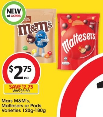 Coles Mars M&M's, Maltesers or Pods Varieties 120g-180g offer