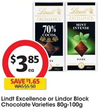 Coles Lindt Excellence or Lindor Block Chocolate Varieties 80g-100g offer