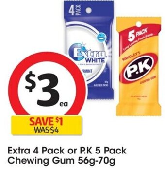 Coles Extra 4 Pack or P.K 5 Pack Chewing Gum 56g-70g offer
