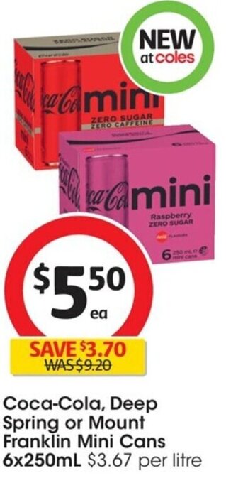 Coles Coca-Cola, Deep Spring or Mount Franklin Mini Cans 6x250mL offer