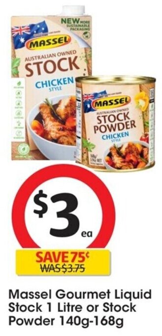 Coles Massel Gourmet Liquid Stock 1 Litre or Stock Powder 140g-168g offer