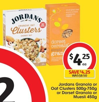 Coles Jordans Granola or Oat Clusters 500g-750g or Dorset Granola or Muesli 450g offer
