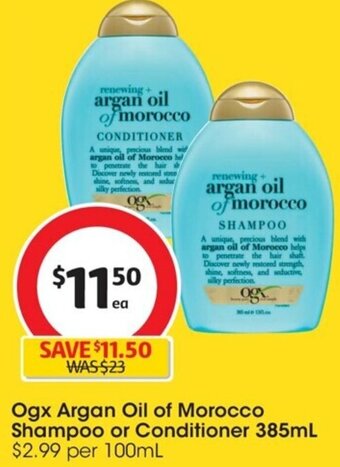 Coles Ogx Argan Oil of Morocco Shampoo or Conditioner 385mL offer