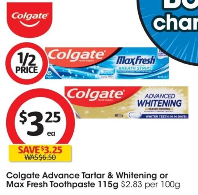 Colgate Advance Tartar & Whitening or Max Fresh Toothpaste 115g offer