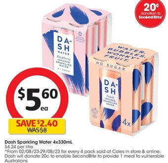 Coles Dash Sparkling Water 4x330mL offer