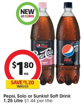 Coles Pepsi, Solo or Sunkist Soft Drink 1.25 Litre offer