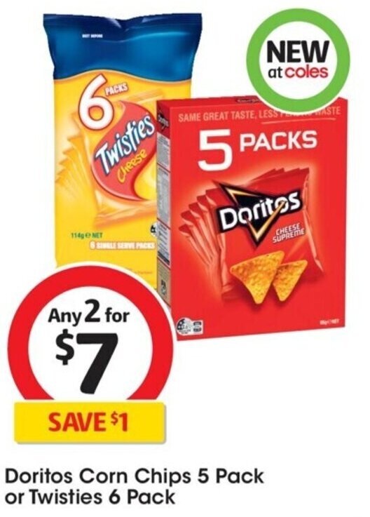Doritos Corn Chips 5 Pack or Twisties 6 Pack offer at Coles