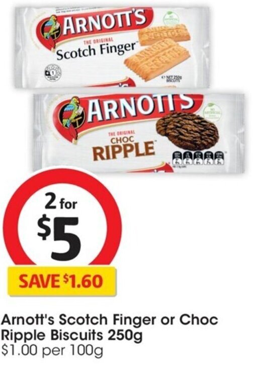 Arnott's Scotch Finger or Choc Ripple Biscuits 250g offer at Coles