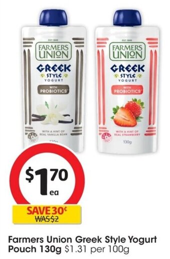 Coles Farmers Union Greek Style Yogurt Pouch 130g offer
