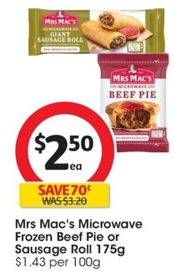 Coles Mrs Mac's Microwave Frozen Beef Pie or Sausage Roll 175g offer