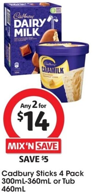 Coles Cadbury Sticks 4 Pack 300mL-360mL or Tub 460mL offer