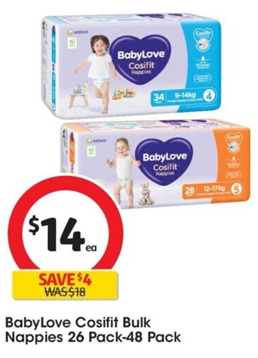 BabyLove Cosifit Bulk Nappies 26 Pack48 Pack offer at Coles