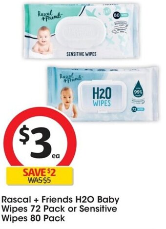 Coles Rascal + Friends H2O Baby Wipes 72 Pack or Sensitive Wipes 80 Pack offer