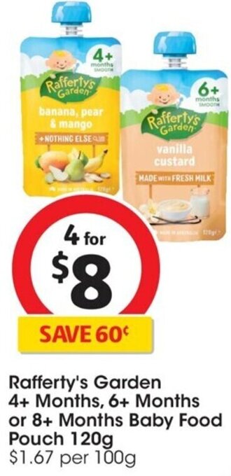 Coles Rafferty's Garden 4+ Months, 6+ Months or 8+ Months Baby Food Pouch 120g offer