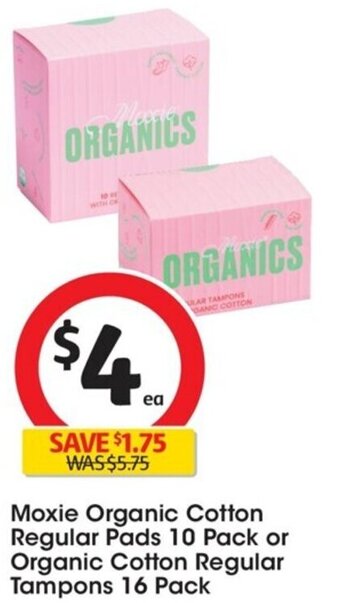 Coles Moxie Organic Cotton Regular Pads 10 Pack or Organic Cotton Regular Tampons 16 Pack offer