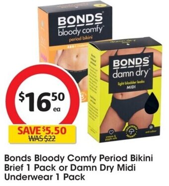 Coles Bonds Bloody Comfy Period Bikini Brief 1 Pack or Damn Dry Midi Underwear 1 Pack offer