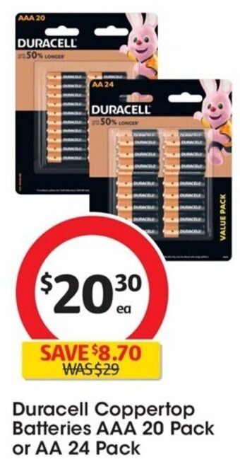 Coles Duracell Coppertop Batteries AAA 20 Pack or AA 24 Pack offer