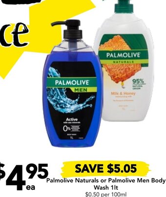 Drakes Palmolive Naturals or Palmolive Men Body Wash 1lt offer
