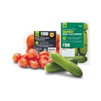 Woolworths Australian sweet solanato® tomatoes 200g punnet or qukes® baby cucumbers 250g pack offer