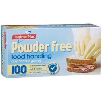 Woolworths Hygiene plus latex gloves disposable powderfree one size 100 pack offer