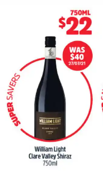 BWS William Light Clare Valley Shiraz 750ml offer
