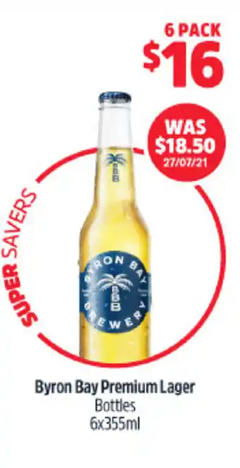BWS Byron Bay Premium Lager Bottles 6x355ml offer