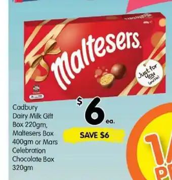Spar Cadbury Dairy Milk Gift Box 220gm, Maltesers Box 400gm or Mars Celebration Chocolate Box 320gm offer