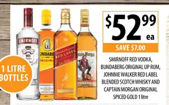 Supabarn Smirnoff Vodka Bundaberg Original Up Rum, Johnnie Walker Red Label Blended Scotch Whisky and Captain Morgan Original Spiced 1 offer