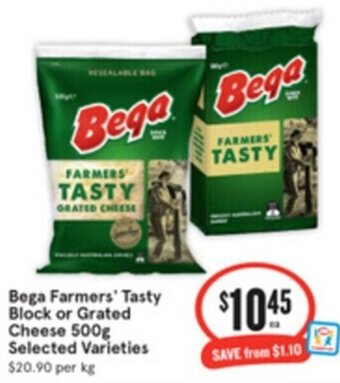 IGA Bega Farmers' Tasty Block or Grated Cheese 500g Selected Varieties offer