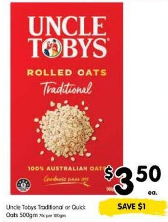 Uncle Tobys Traditional or Quick Oats 500gm