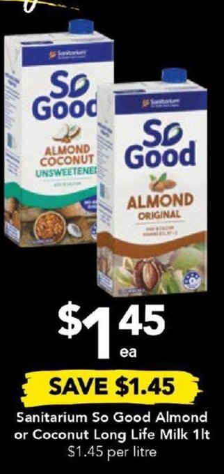Drakes Sanitarium So Good Almond or Coconut Long Life Milk 1lt offer