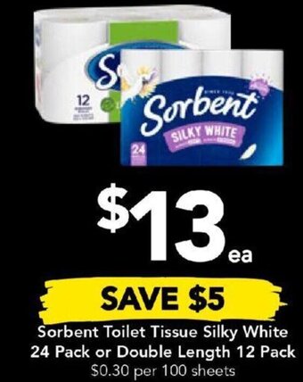 Drakes Sorbent Toilet Tissue Silky White 24 Pack or Double Length 12 Pack offer