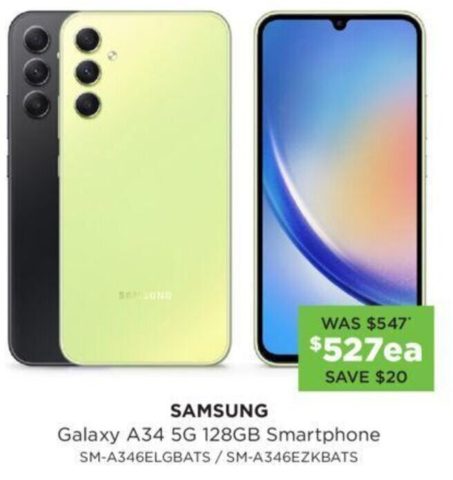 SAMSUNG Galaxy A34 5G 128GB Smartphone SMA346ELGBATS/SMA346EZKBATS