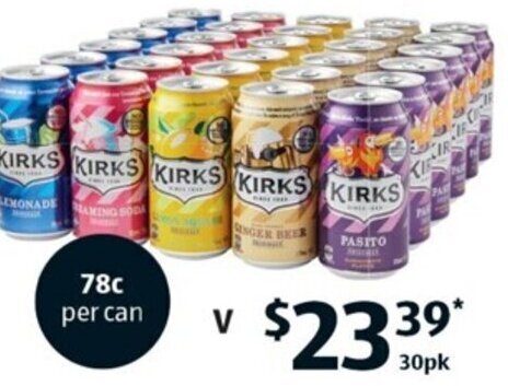 V Kirks Soft Drink Cans 30 x 375ml offer at ALDI