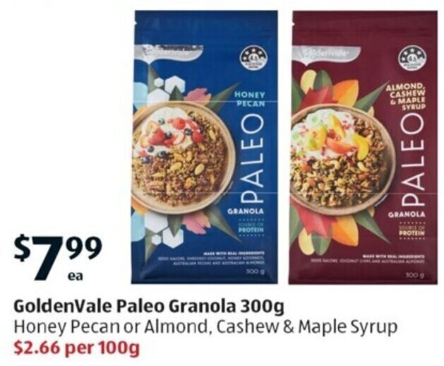 GoldenVale Paleo Granola 300g Honey Pecan or Almond, Cashew & Maple