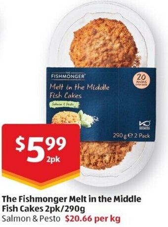 ALDI The Fishmonger Melt in the Middle Fish Cakes 2pk/290g Salmon & Pesto offer