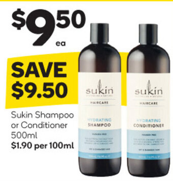 Woolworths Sukin Shampoo or Conditioner 500ml offer