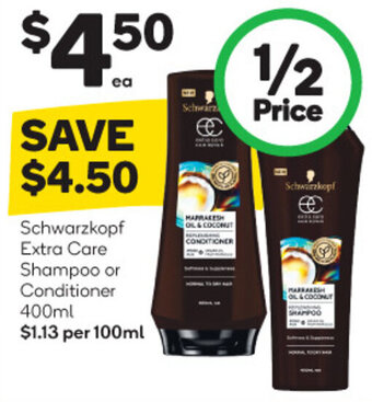 Woolworths Schwarzkopf Extra Care Shampoo or Conditioner 400ml offer