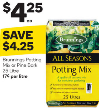 Woolworths Brunnings Potting Mix or Pine Bark 25 Litre offer