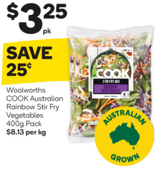 Woolworths COOK Australian Rainbow Stir Fry Vegetables 400g Pack offer