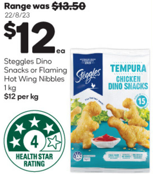 Steggles Dino Snacks or Flaming Hot Wing Nibbles 1 kg offer at Woolworths