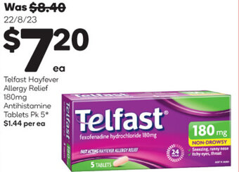 Woolworths Telfast Hayfever Allergy Relief 180mg Antihistamine Tablets Pk 5* offer
