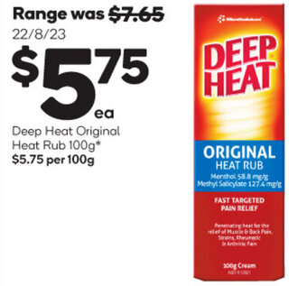 Woolworths Deep Heat Original Heat Rub 100g* offer