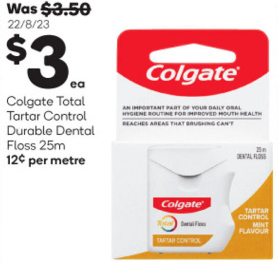 Colgate Total Tartar Control Durable Dental Floss 25m offer at Woolworths