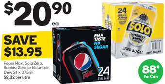 Woolworths Pepsi Max, Solo Zero, Sunkist Zero or Mountain Dew 24 x 375ml offer