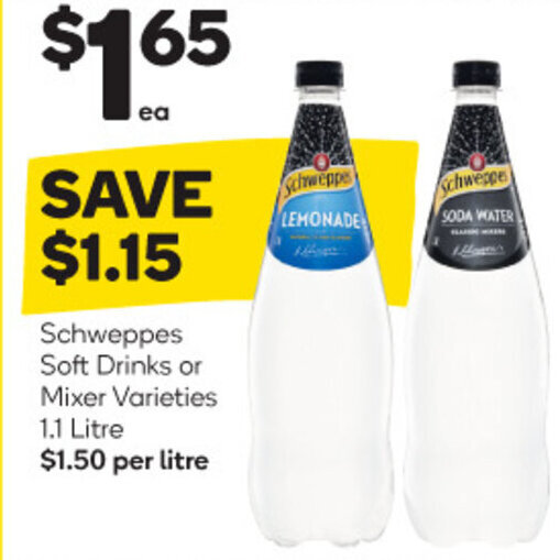 Schweppes Soft Drinks or Mixer Varieties 1.1 Litre offer at Woolworths